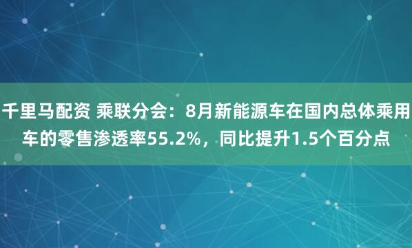 千里马配资 乘联分会：8月新能源车在国内总体乘用车的零售渗透率55.2%，同比提升1.5个百分点